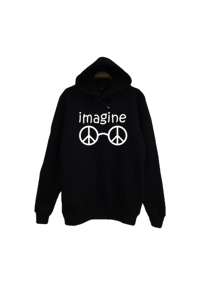 John Lennon Baskılı Kapüşonlu Sweatshirt Siyah