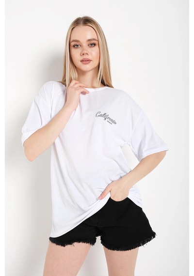 Startmore Kadın Beyaz Oversize California Baskılı T-shirt Beyaz