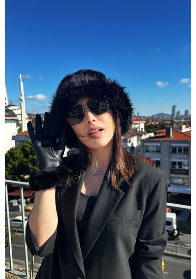 Mollycrush Kadın Siyah Kürk Bucket Şapka Ve Eldiven Trend Kışlık Set Siyah