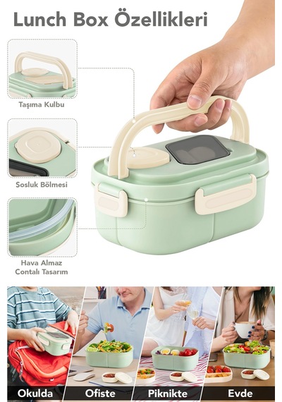Bondie Kilitli Kapak Yemek Kabı - 2 Katlı Bölmeli Kaşık Ve Sosluklu Lunch Box Beslenme Kutusu Yeşil