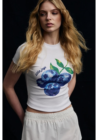 Grımelange Tıvat Kadın Yumuşak Ve Esnek Kumaşlı Baskı Detaylı Yuvarlak Yakalı Kısa Kol Beyaz T-shirt