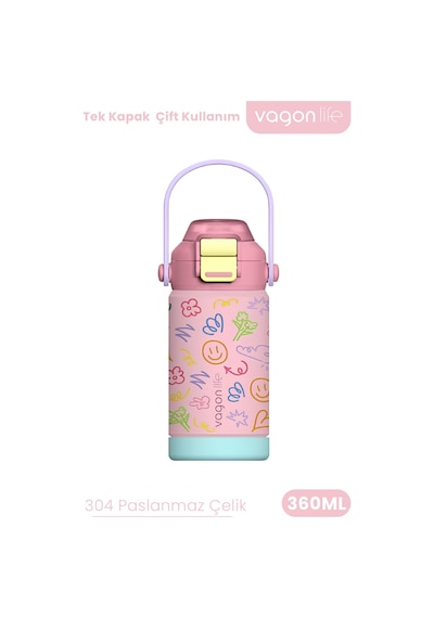 360 Ml Çocuk Termosu Tek Kapak Çift Kullanım Pipetli Rahat İçim Kulplu Paslanmaz Çelik Termos 1104-360ml Pembe