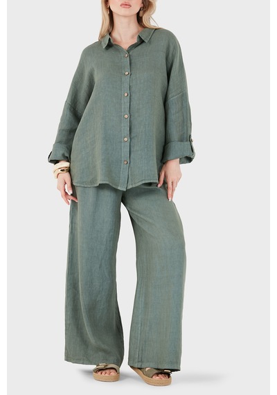 Via Dante % 100 Keten Oversize Yarı Transparan Gömlek Bayan Gömlek 7697 Haki