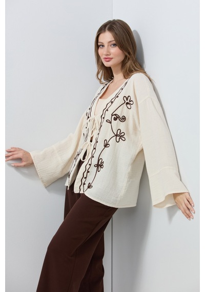 Fullamoda Nakışlı Önü Bağcıklı Keten Görünümlü Kimono Bej