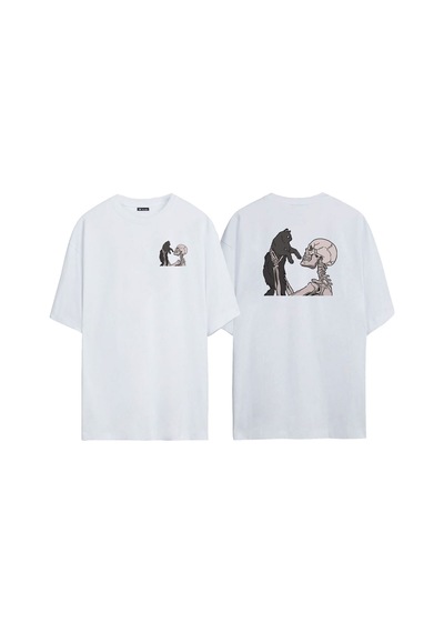 Thewert Unisex Skull And Cat Kedi Sevgisi Ön Arka Baskılı Beyaz Oversize T-shirt