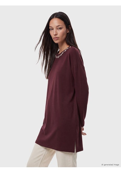 Lcw Everyday Mürdüm Soft Touch Taşlı Oversize Kadın Sweatshirt Tunik