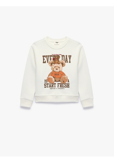 Koton Uzun Kollu Bisiklet Yaka Pamuklu Üç İplik Şardonlu Ayıcık Baskılı Sweatshirt Ekru 7wkg10691ak