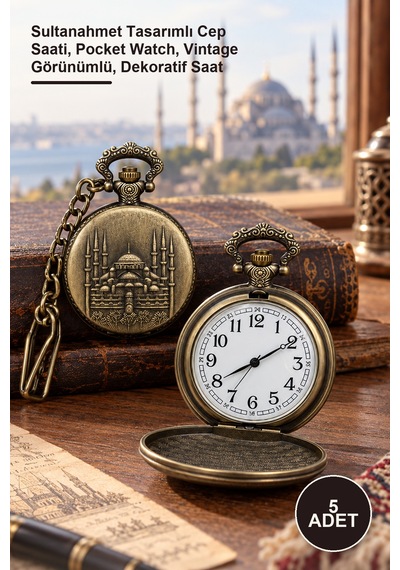 5 Adet Köstekli Saat Sultanahmet Tasarımlı Cep Saati, Pocket Watch, Vintage Görünümlü, Dekoratif Saat