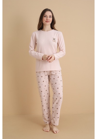 Wordex Mırano 3107 Waffle Soft Kumaş Ayıcık Desenli Kışlık Ev Kadın Pijama Takımı Bej