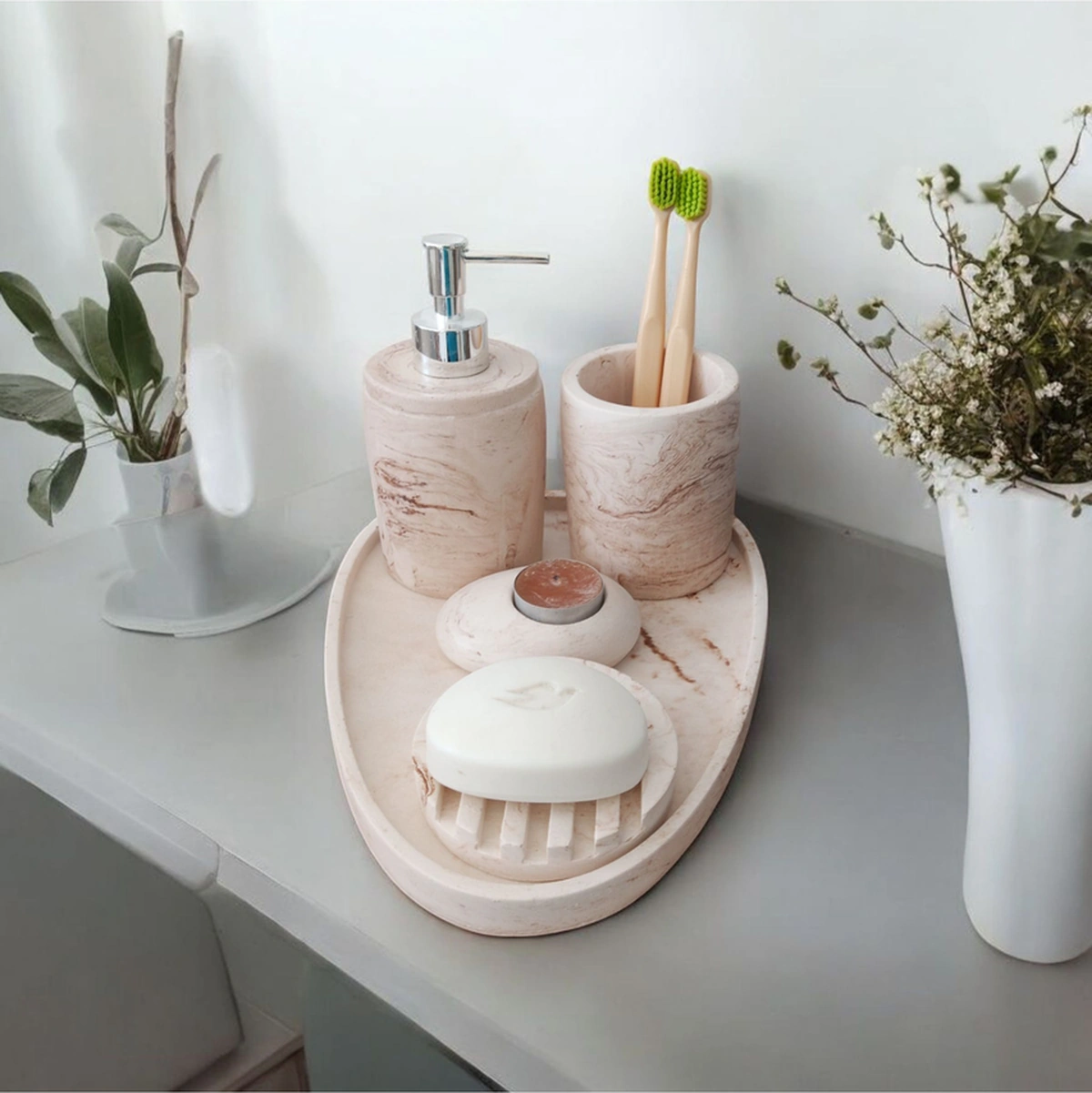 5'li Mermer Desenli Beton Banyo Seti ,sabunluk,diş Fırçalığı,tepsi,mumluk,havluluk, Aksesuar Bej