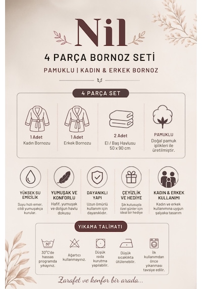 Nil 4 Parça Pamuklu Unisex Bornoz Ve Havlu Seti Bornoz Erkek Bornoz Kadın Bornoz Havlu Hediyelik Sabahlık Çeyiz Kahve - Krem