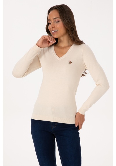 U.S. Polo Assn. Kadın Krem V Yaka Basic Kazak 50307727-VR256