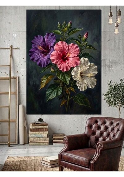Mor Ve Pembe Hibiskus Üç Çiçek Dekoratif Kanvas - Mdf Ahşap Tablo Çok Renkli