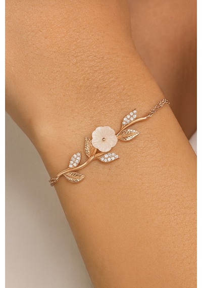 Çekirdekjewelry 925 Ayar Gümüş Manolya Çiçekli Bileklik Pembe