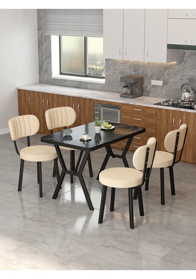 Azra 70x110cm Bendir Mutfak Masası, Mutfak Masası Takımı, Yemek Masası, 4 Krem Sandalye Krem
