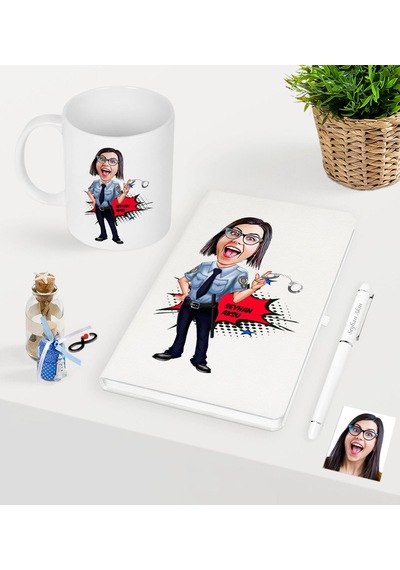 Kişiye Özel Kadın Polis Karikatürlü Beyaz Defter Kalem Kupa Seti Beyaz