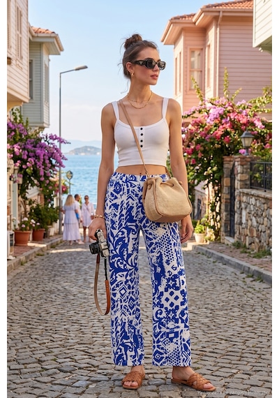 Lela Desenli Standart Fit Yüksek Bel Geniş Paça Bayan Pantolon 5869019 Saks