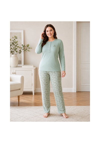 Flz Kadın Kışlık Viskon Pijama Takımı M L Xl Xxl Uzun Kollu Boydan Düğmeli Şık Ev Giyimı B89-100 Mint
