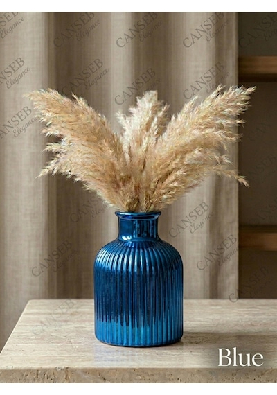 Premium - Metalik Mavi Renkli - 10cm - Kokulu Çizgili Pampas Vazosu