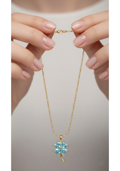 Çekirdekjewelry 925 Ayar Gümüş Akuamarine Taşlı Yonca Kolye Sarı
