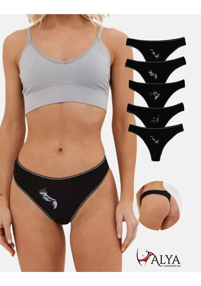 Alya Underwear Kadın Külot Pamuklu String - 5 Adet Siyah Tanga S, M, L, Xl Siyah P13