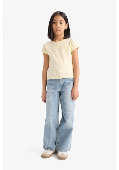 Defacto Slim Fit Dar Kesim Bisiklet Yaka Basic Düz Fitilli Kaşkorse Kısa Kollu Tişört Kız Çocuk B3053A824SM Ekru