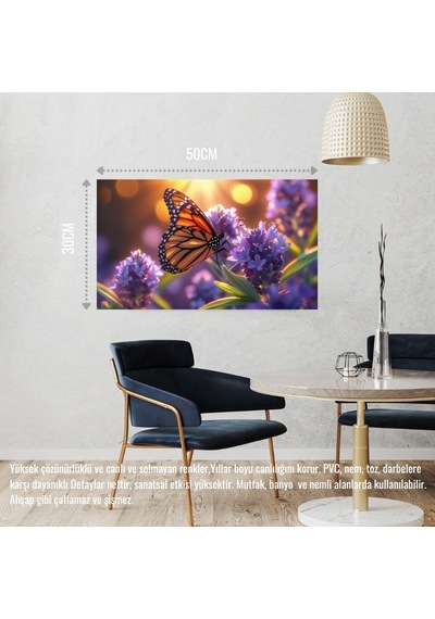 Kelebek Parlayan Güneş Işığı Altında Lavanta Çiçeğinin Üzerinde Dinleniyor 04 Çerçevesiz 50x30 Cm Pvc Tablo