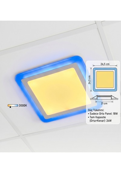 Kare Sıva Altı Led Spot Aydınlatma 24 Watt Çift Renk 3 Kademe Mavi Günışığı Gece Lambası Armatür