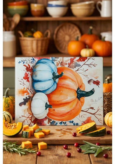 Makri Home Dekoratif Kabak Desenli Cam Kesme Tahtası 25 Cm 35 Cm Turuncu