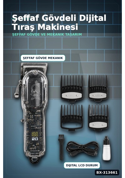 Lcd Ekranlı Şarjlı Saç Tıraş Makinesi 1800 Mah 4 Taraklı Usb Şarj Güçlü Motor Kesme Aleti Bx-313661