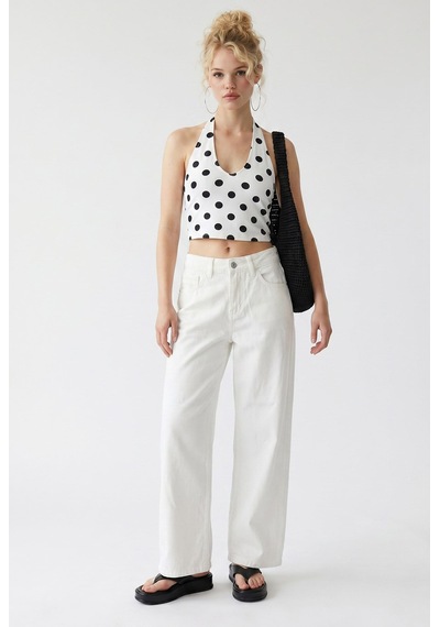 Mixray 2128 Kadın İnce Mevsimlik Yüksek Bel Wide Leg Denim Pantolon Beyaz