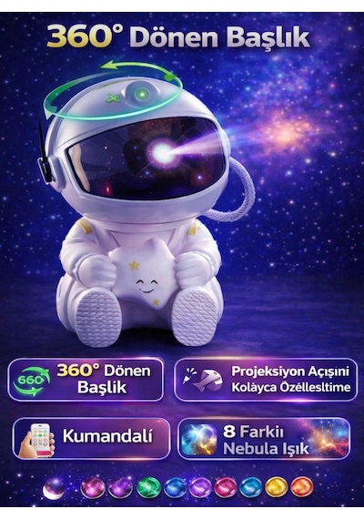 Astronot Şekilli Galaksi Projeksiyon Gece Lambalı Kumandalı Çocuk Odası Uzay Lambalı Beyaz