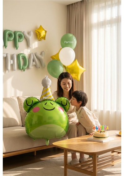 Şapkalı Safari Kurbağa Kafa Folyo Balon 73x52 Cm Safari Temalı Çocuk Doğum Günü Parti Süsü Çok Renkli