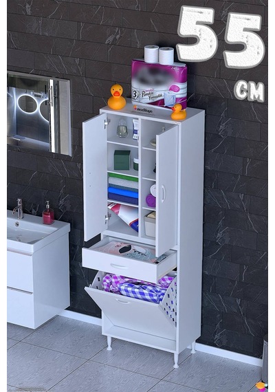 Yeni Afra 55 Cm 1 Gözlü Kirli Çamaşır Sepet, 2 Kapak Ve Çekmeceli 8 Raflı Çok Amaçlı Banyo Dolabı Beyaz Yeni Afra 55 Cm 1 Gözlü Kirli Çamaşır Sepet, 2 Kapak Ve Çekmeceli 8 Raflı Çok Amaçlı Banyo Dolabı Beyaz