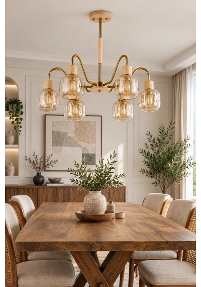Modern Premium Doğal Ahşap Detaylı Gold Gövdeli 6'lı Amber Camlı Modern Avize 6xe27