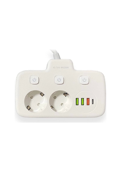 Akım Korumalı 2'li Ayrı Anahtarlı Priz, 2x Priz, 3x Usb, 1x Type-c, 2 Mt Kablo, Hızlı Şarj 2 M