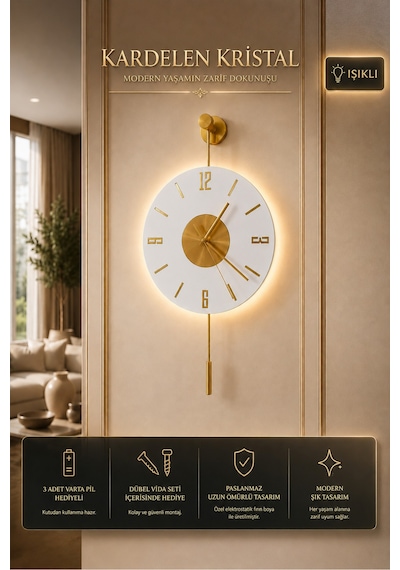 MetaQuartz Aksesuar Kardelen Gold Kristal Seri 30x55cm ,pilli Led ,modern Dekoratif Metal Duvar Saati