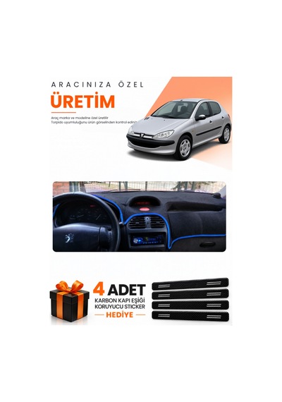 Peugeot 206 Büyük Ekranlı 1998-2009 Uyumlu Torpido Koruma Örtüsü Oto Kılıfı - Siyah Mavi