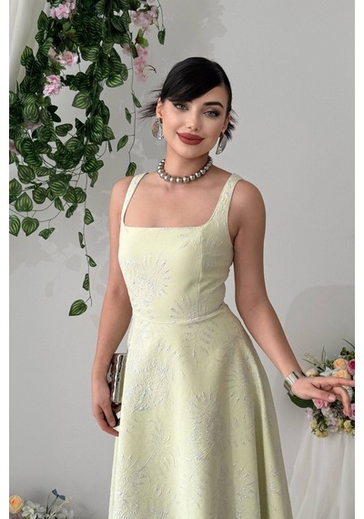 Nils Butik Askılı Kare Yaka Jakar Desenli Seraphine Midi Elbise Açık Sarı
