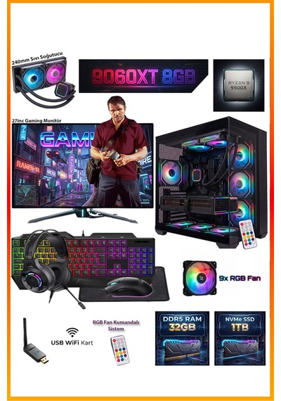 Comloji CMLJ55 R9-9900X 32 GB 1 TB SSD RX9060XT 27" Free Dos Masaüstü Oyuncu Bilgisayarı