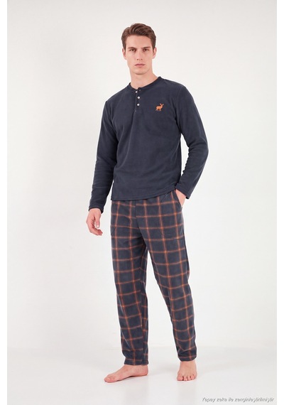 Buratti Ekoseli Düğmeli Bisiklet Yaka Yumuşak Polar Pijama Takımı Erkek Pijama Takımı 6097019 Füme