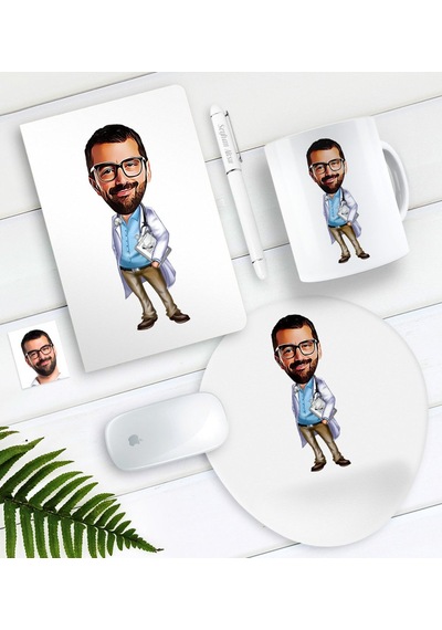Kişiye Özel Bay Başhekim Karikatürlü Defter Kalem Kupa Mouse Pad