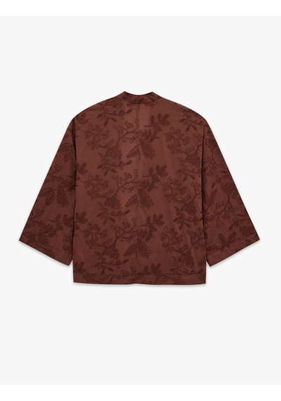 Koton Pamuklu V Yaka 3/4 Kol Nakışlı Kimono Kahverengi 6sal50005ıw Kahve