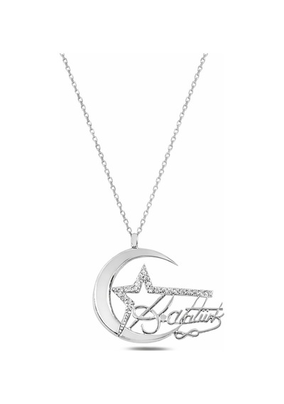 Çekirdekjewelry 925 Ayar Gümüş Atatürk İmzalı Ay Yıldız Kolye Rodyum Kaplama Taşlı Model Gri