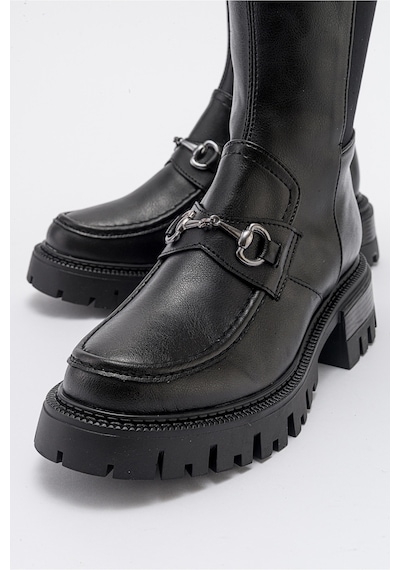Luvishoes Chapel Siyah Cilt Tokalı Streç Detaylı Kadın Çizme Siyah
