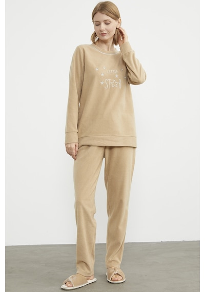 Sementa Nakış Detaylı Polar Pijama Takım - Kamel 001