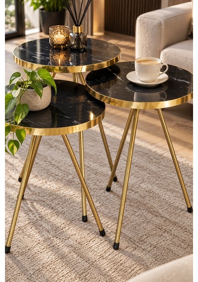 Sulorahome Siyah Mermer Desenli Gold Metal Zigon Sehpa Seti 3'lü