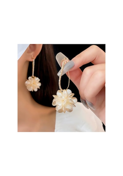 Floral Çiçek Motifli Sallantlı Taşlı Şık Kullanışlı Altın Renk Gold Küpe Mavi