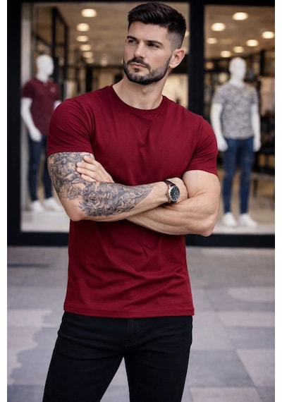 Novalisse Erkek Body Tişört Bisiklet Yaka Slim Fit Likralı T-shirt - Bordo Çoklu Renk