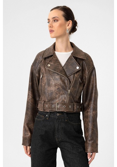Antioch Kadın Suni Deri Crop Biker Ceket Kahve
